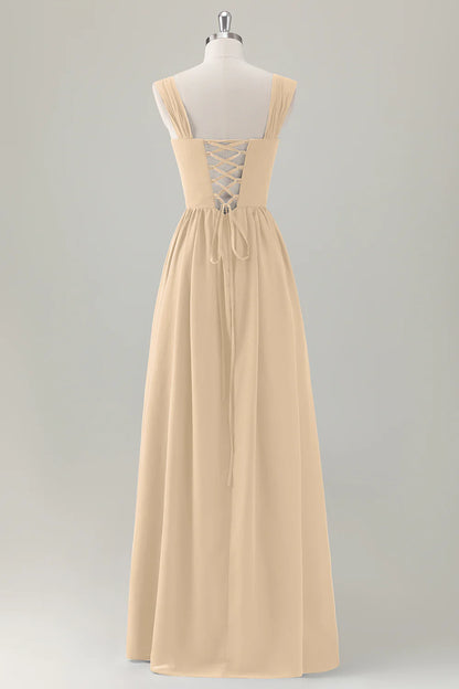 Champagne A-Line Square Neck Corset Long Bridesmaid Dress with Lace Up Back