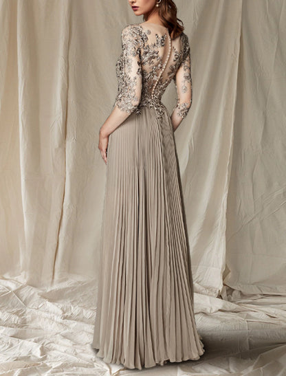 A-Line Mother of the Bride Dress Wedding Guest Elegant Plus Size V Neck Floor Length Chiffon Lace Half Sleeve with Pleats Appliques