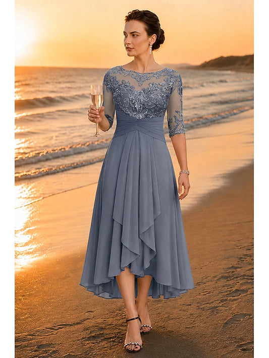 A-Line Asymmetrical Ankle Length Party Dress Cocktail Dress Wedding Guest Dress Mother of the Bride Dress Half Sleeve V Neck Elegant Plus Size High Low Wedding Guest Wedding Party Chiffon Lace