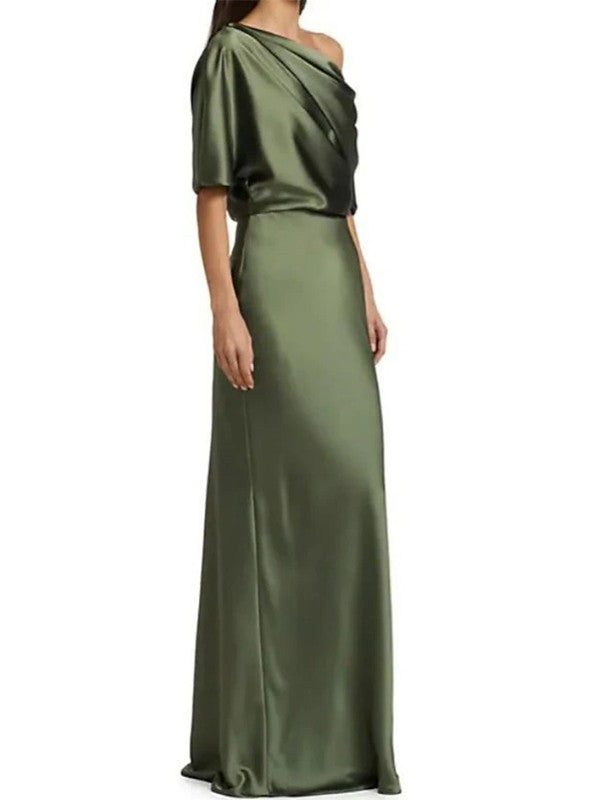 Sheath/Column Elastic Woven Satin Ruched One-Shoulder 1/2 Sleeves Floor-Length Mother of the Bride Dresses