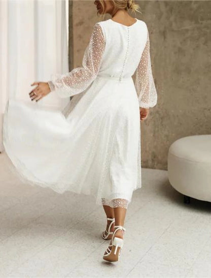 Beach Little White Dresses Wedding Dresses A-Line V Neck Long Sleeve Tea Length Sequined Bridal Gowns With Beading Solid Color