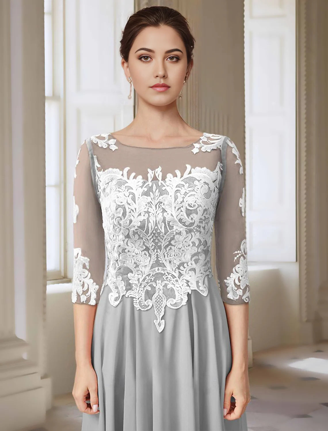 A-Line Mother of the Bride Dress Elegant Jewel Neck Asymmetrical Ankle Length Chiffon Lace 3/4 Length Sleeve with Appliques
