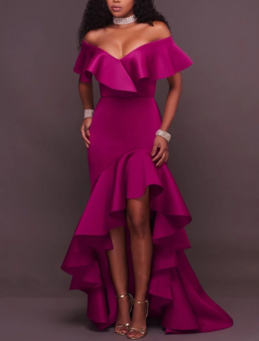 A-Line Wedding Guest Dress Hot Pink Elegant Dress Asymmetrical Ruffles Sleeveless Off Shoulder Stretch Satin with Slit dress