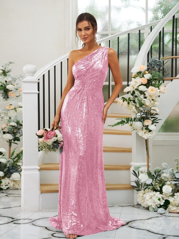 Sheath/Column Sequins Ruched One-Shoulder Sleeveless Sweep/Brush Train Bridesmaid Dresses