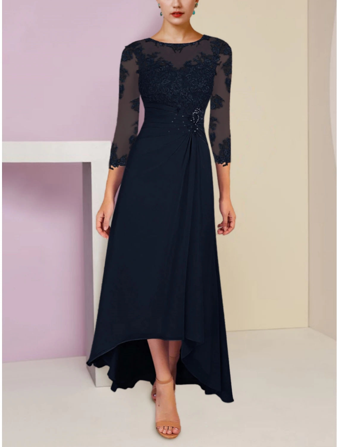 A-Line Mother of the Bride Dress Wedding Guest Elegant Scoop Neck Asymmetrical Ankle Length Chiffon 3/4 Length Sleeve with Lace Sequin Ruching dress