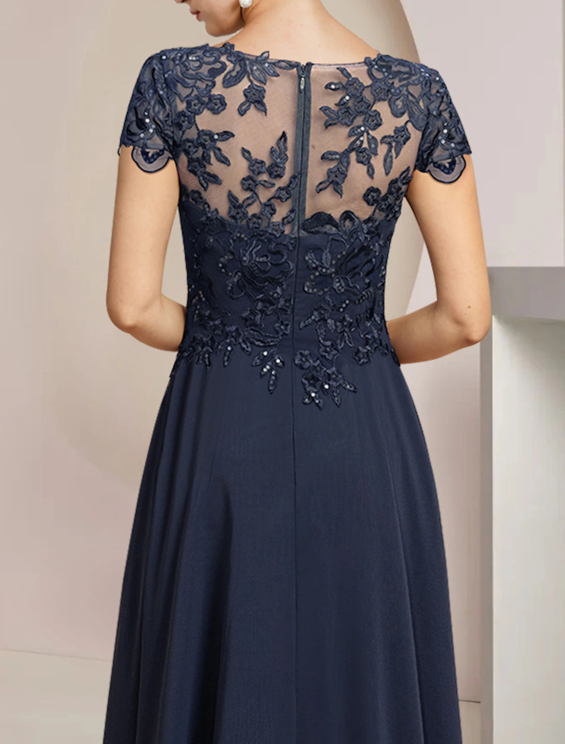 A-Line Mother of the Bride Dress Formal Wedding Guest Elegant High Low Scoop Neck Asymmetrical Tea Length Chiffon Lace Short Sleeve with Sequin Appliques