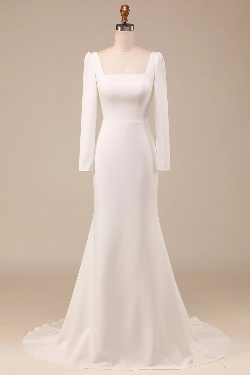 Ivory Mermaid Square Neck Bridal Dress With Long Sleeves