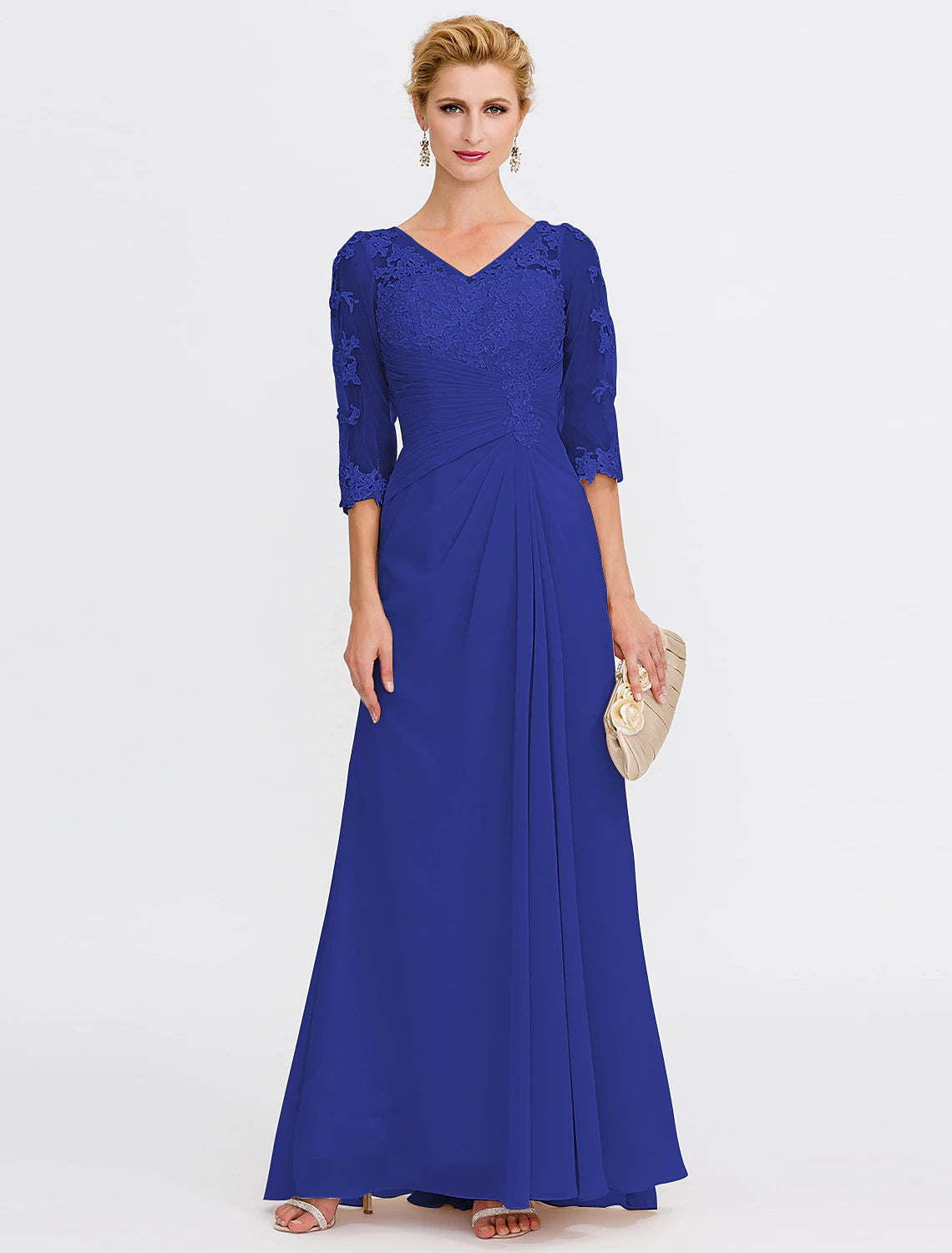 Beach Wedding A-Line Mother of the Bride Dress Wedding Guest Elegant Plus Size See Through V Neck Floor Length Chiffon Half Sleeve with Appliques