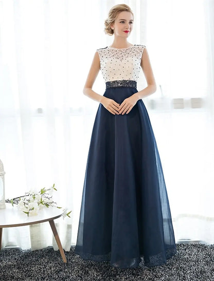 A-Line Elegant Dress Wedding Guest Prom Floor Length Sleeveless Illusion Neck Tulle Over Lace with Beading