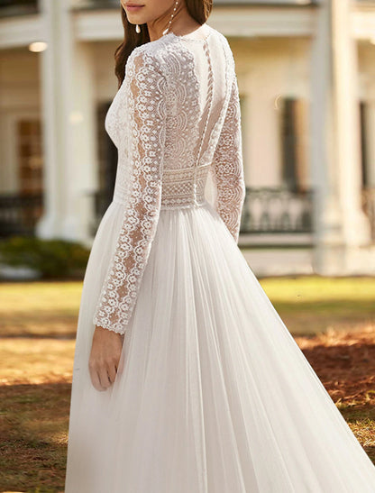 Wedding Dresses A-Line V Neck Long Sleeve Court Train Lace Bridal Gowns With Split Front