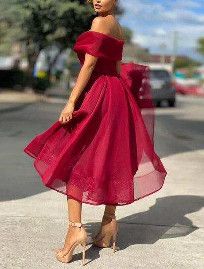 A-Line Cocktail Dresses Vintage Dress Wedding Guest Tea Length Sleeveless Off Shoulder Tulle with Pleats