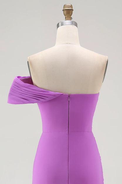 Purple One Shoulder Ruched Mermaid Long Formal Dress with Slit