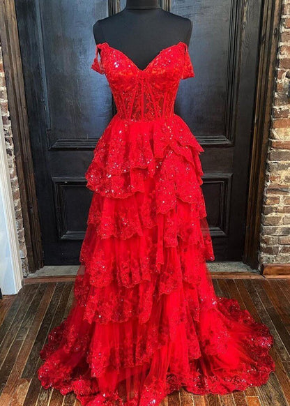A-Line Lace Off-the-Shoulder Tiered Long Prom Dress with Slit