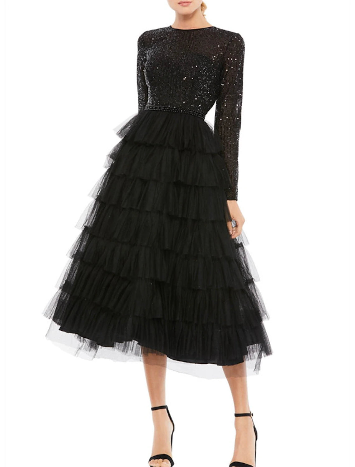 A-Line Cocktail Dresses Elegant Dress Wedding Guest Party Wear Tea Length Long Sleeve Jewel Neck Fall Wedding Guest Tulle with Sequin Tiered dress