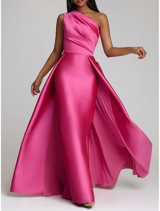 Sheath Red Green Dress Evening Gown Hot Pink Dress Wedding Guest Floor Length Sleeveless One Shoulder Satin with Overskirt Pure Color dress