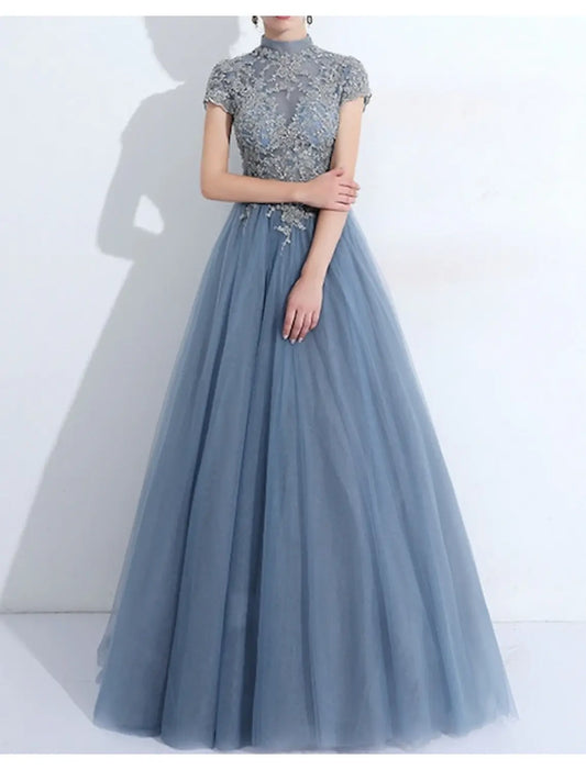 A-Line Evening Gown Elegant Dress Wedding Guest Quinceanera Floor Length Short Sleeve High Neck Tulle with Pleats Appliques dress