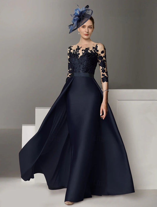 A-Line Evening Gown Elegant Dress Wedding Guest Sweep / Brush Train Long Sleeve Scoop Neck Stretch Satin with Appliques dress