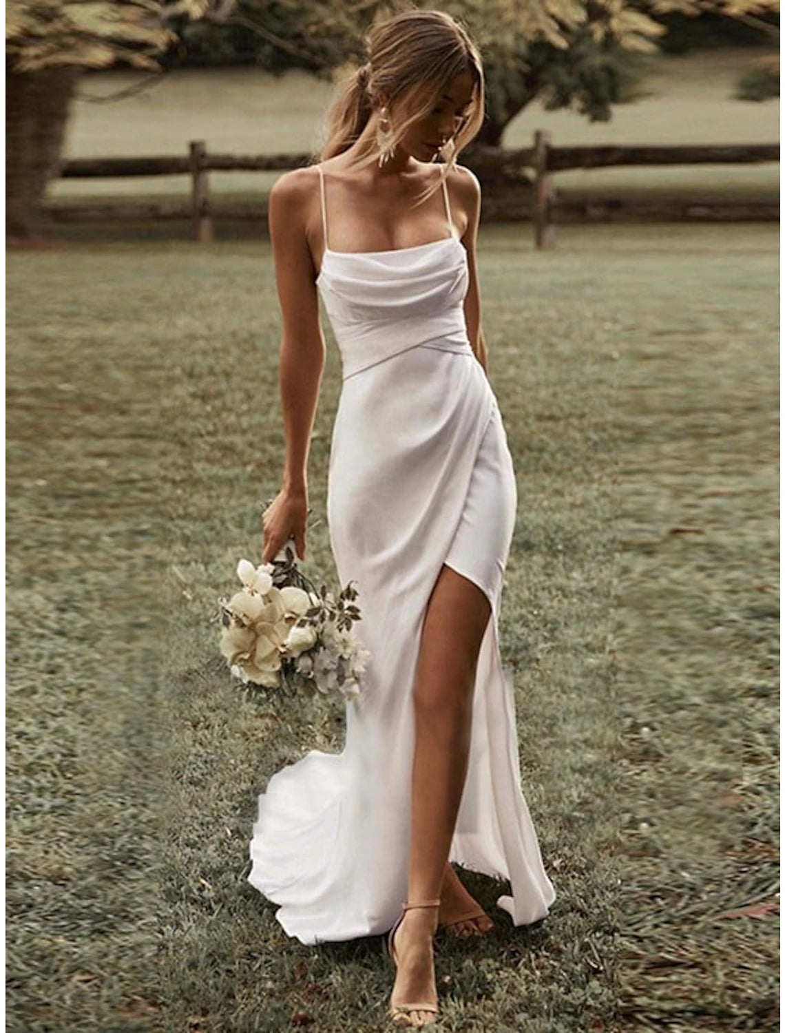 Beach Sexy Casual Simple Simple Wedding Dresses Sheath Square Camisole Spaghetti Strap Sweep / Brush Train Stretch Fabric Bridal Gowns With Ruched Split Front