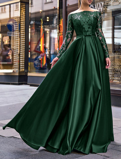 A-Line Evening Gown Party Dress Elegant Dress Wedding Guest Fall Floor Length Long Sleeve Off Shoulder Belt / Sash Satin with Appliques dress