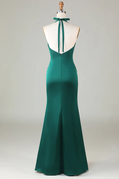 Mermaid Halter Dark Green Long Satin Bridesmaid Dress