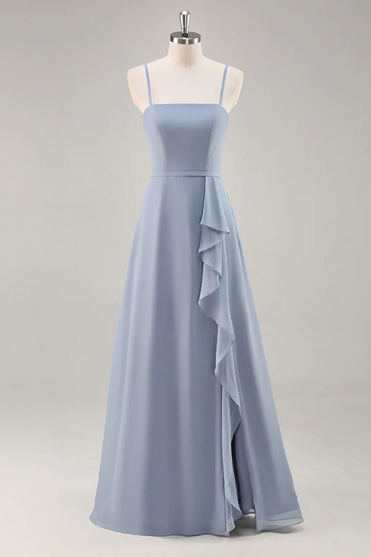 Dusty Blue Ruffled Chiffon A Line Long Bridesmaid Dress with Slit