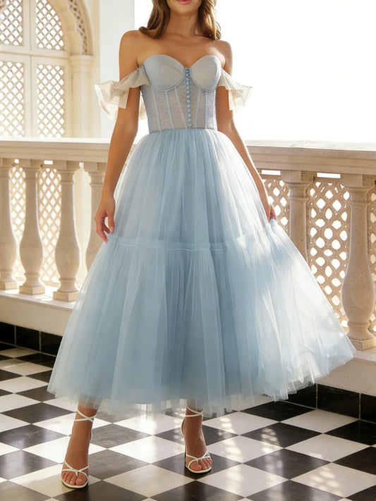 A-Line/Princess Sweetheart Tulle Prom Dresses Ruffle Sleeves Ankle-Length Formal Dresses