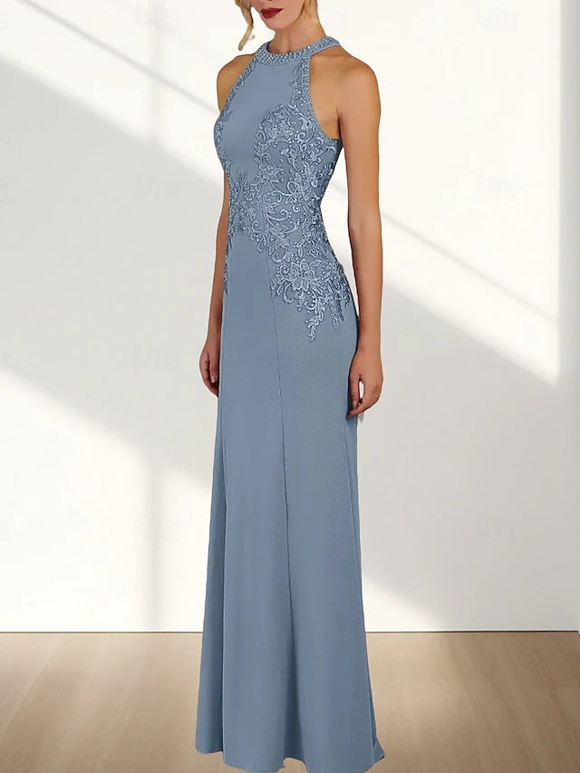 Slate Blue Halter Lace Mermaid Gown - Beaded Formal Evening Dress