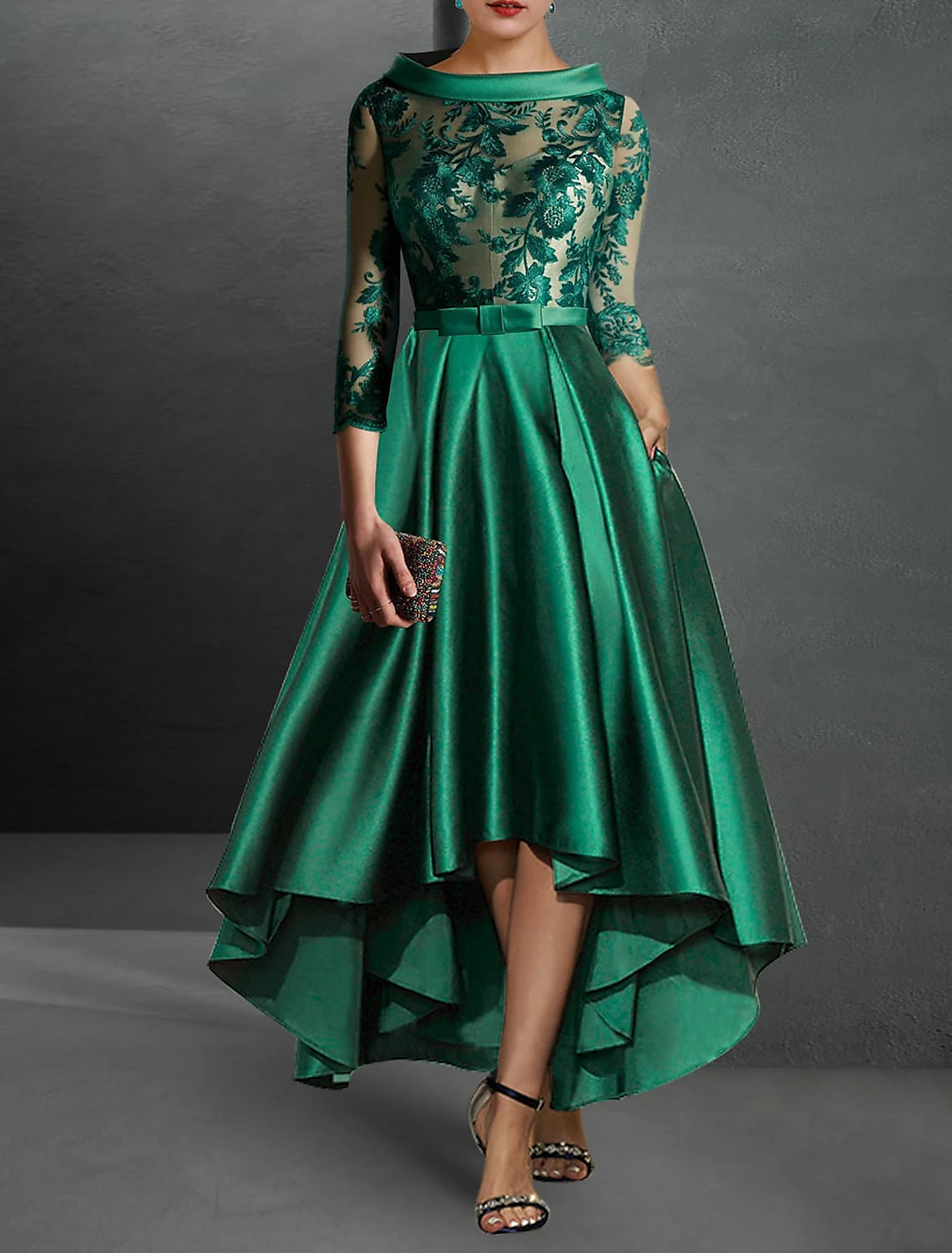 A-Line Cocktail Dresses Elegant Dress Formal Asymmetrical 3/4 Length Sleeve Jewel Neck Fall Wedding Guest Satin with Pleats Appliques Christmas Dress