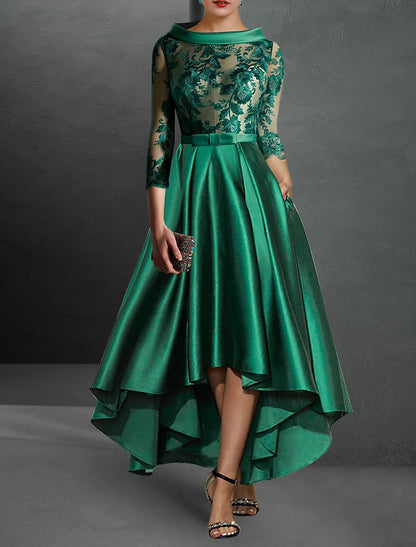 A-Line Cocktail Dresses Elegant Dress Formal Asymmetrical 3/4 Length Sleeve Jewel Neck Fall Wedding Guest Satin with Pleats Appliques Christmas Dress