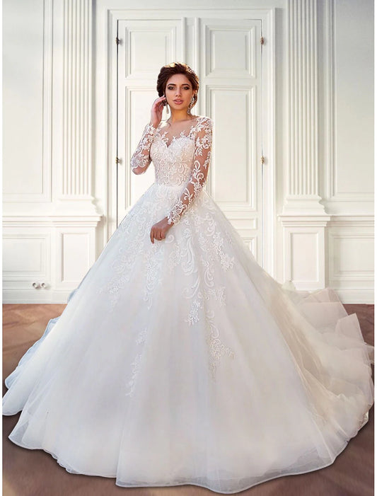 Engagement Formal Wedding Dresses Ball Gown Illusion Neck Long Sleeve Court Train Lace Bridal Gowns With Lace Appliques