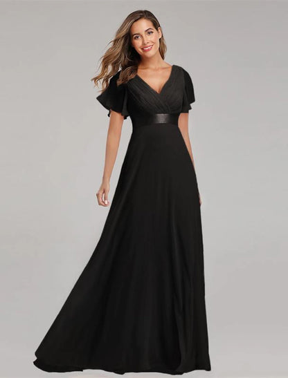 A-Line Ruched Wedding Guest Dress Elegant Formal Black Tie For Bridesmaid Floor Length Short Sleeve V Neck Chiffon V Back with Ruffles