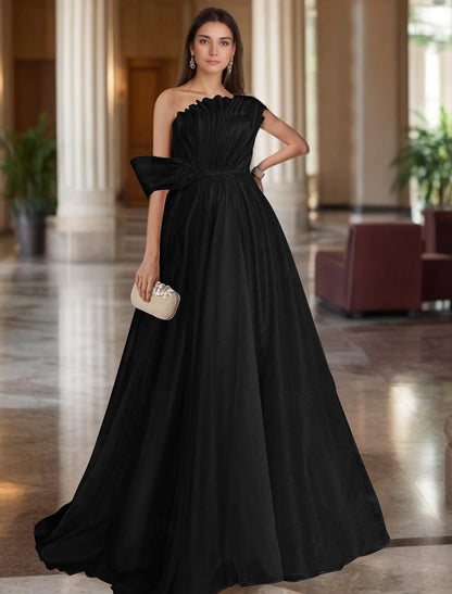 Ball Gown Prom Dresses Elegant Dress Wedding Black Tie Court Train Sleeveless One Shoulder Organza with Ruched