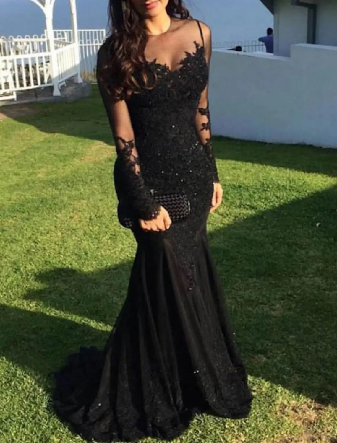 Mermaid Black Dress Evening Gown Sequin Prom Dress Sparkle Formal Gown Sweep / Brush Train Long Sleeve Illusion Neck Lace with Appliques dress