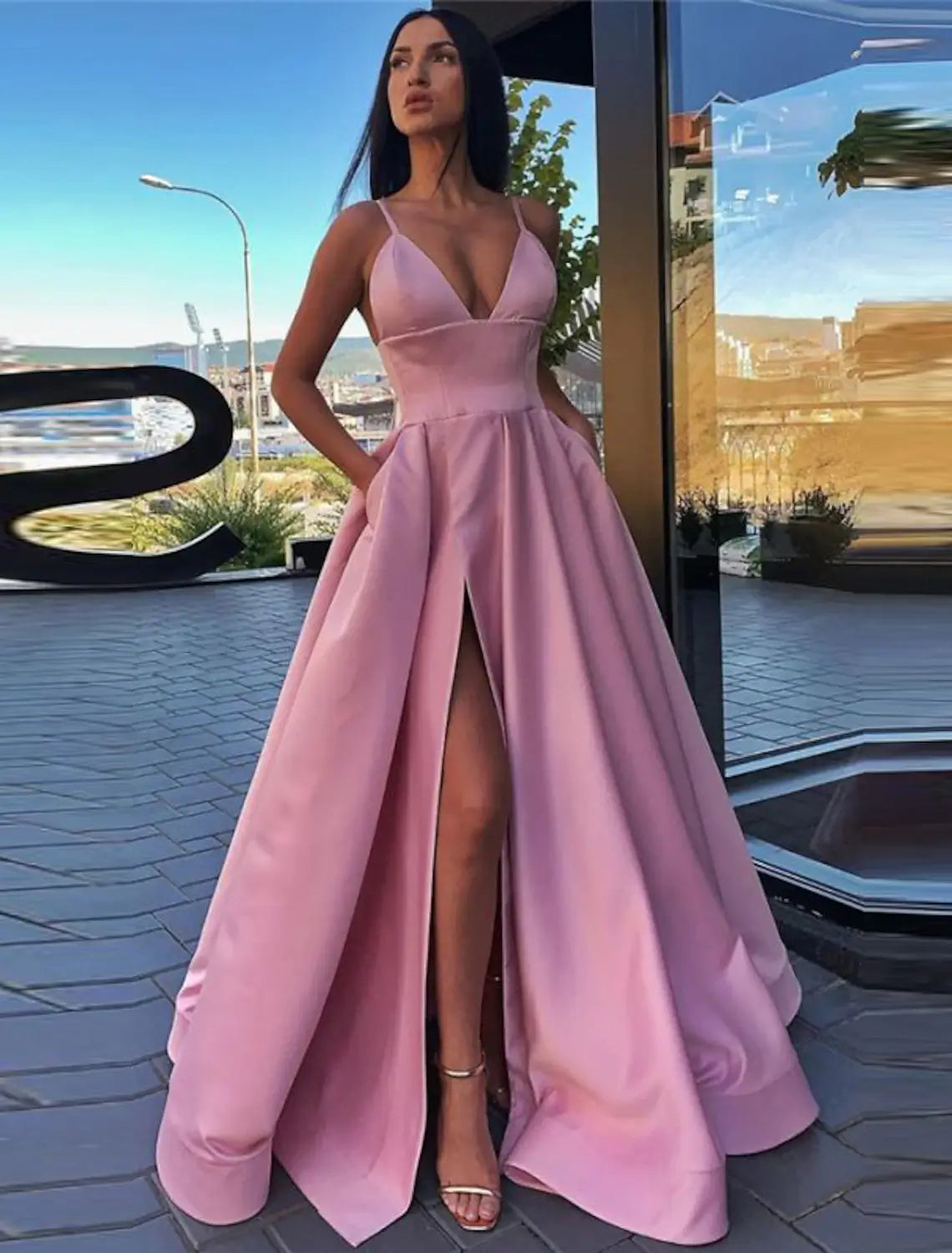 A-Line Black Dress Prom Dress High Split Evening Dress Formal Birthday Summer Dress Spaghetti Strap Sleeveless Sweep / Brush Train Satin with Pleats Split Front dress