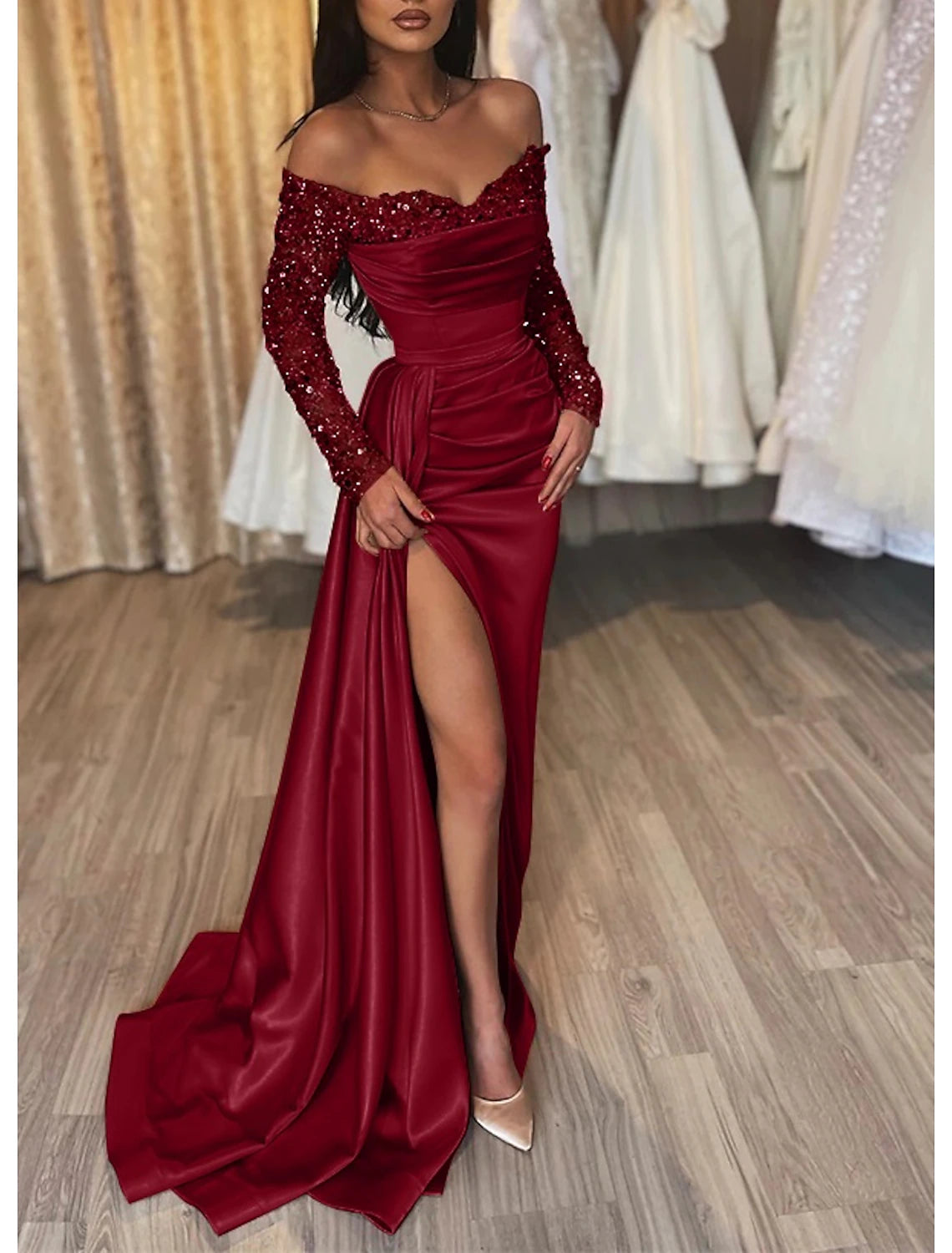 Mermaid Black Dress Evening Dress Wedding Guest Sparkle & Shine Dress Formal Wedding Party Court Train Long Sleeve Off Shoulder Fall Wedding Reception Satin with Ruched Sequin