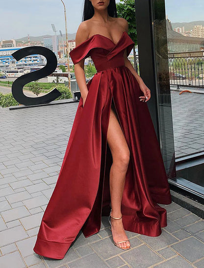 A-Line Evening Gown Celebrity Dress Red Green Dress Prom Floor Length Short Sleeve V Neck Fall Wedding Guest Satin with Slit dress to impress