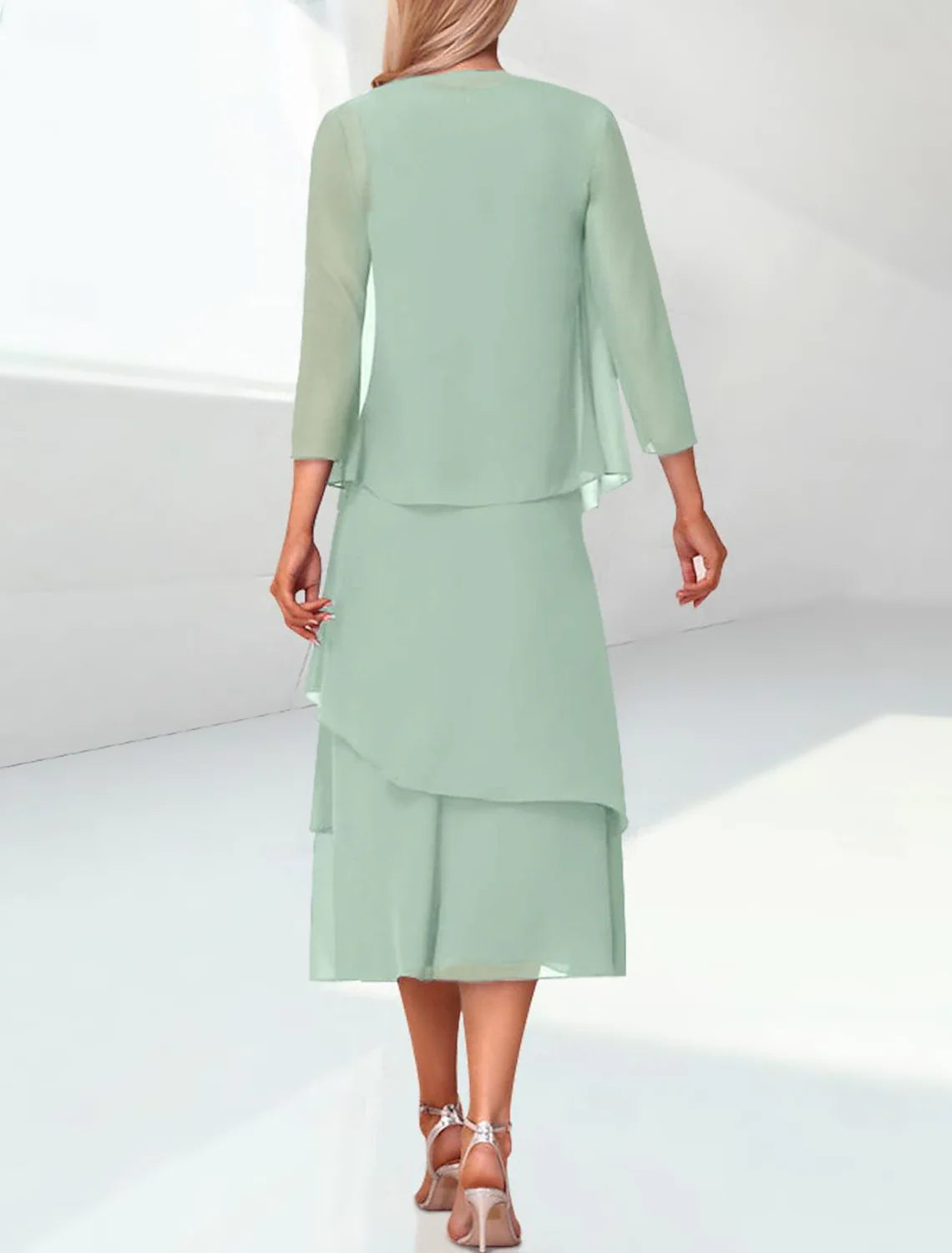 Sage Green Chiffon Mother of the Bride Dress with 3/4 Sleeves