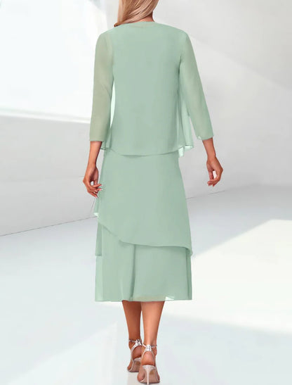 Sage Green Chiffon Mother of the Bride Dress with 3/4 Sleeves
