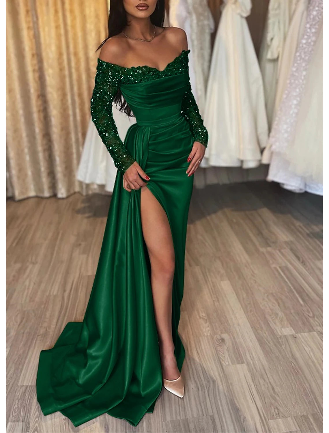 Mermaid Black Dress Evening Dress Wedding Guest Sparkle & Shine Dress Formal Wedding Party Court Train Long Sleeve Off Shoulder Fall Wedding Reception Satin with Ruched Sequin