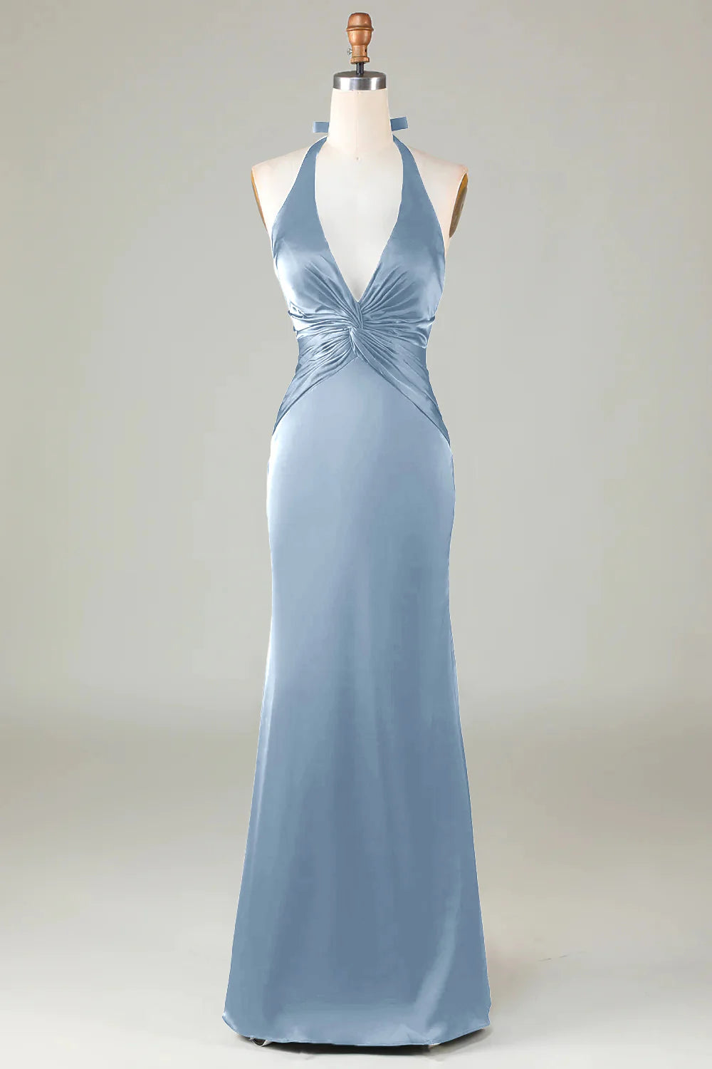 Mermaid Halter Dusty Blue Long Satin Bridesmaid Dress