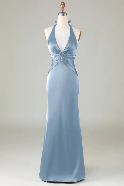 Mermaid Halter Dusty Blue Long Satin Bridesmaid Dress