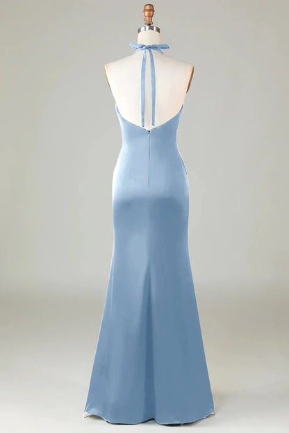 Mermaid Halter Dusty Blue Long Satin Bridesmaid Dress