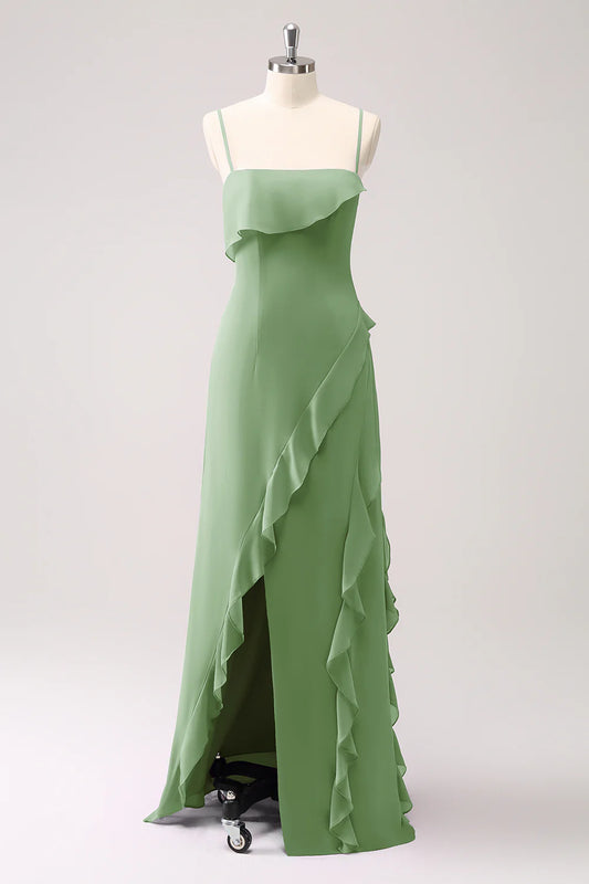 Dusty Sage Ruffled Spaghetti Straps Chiffon Long Bridesmaid Dress With Slit