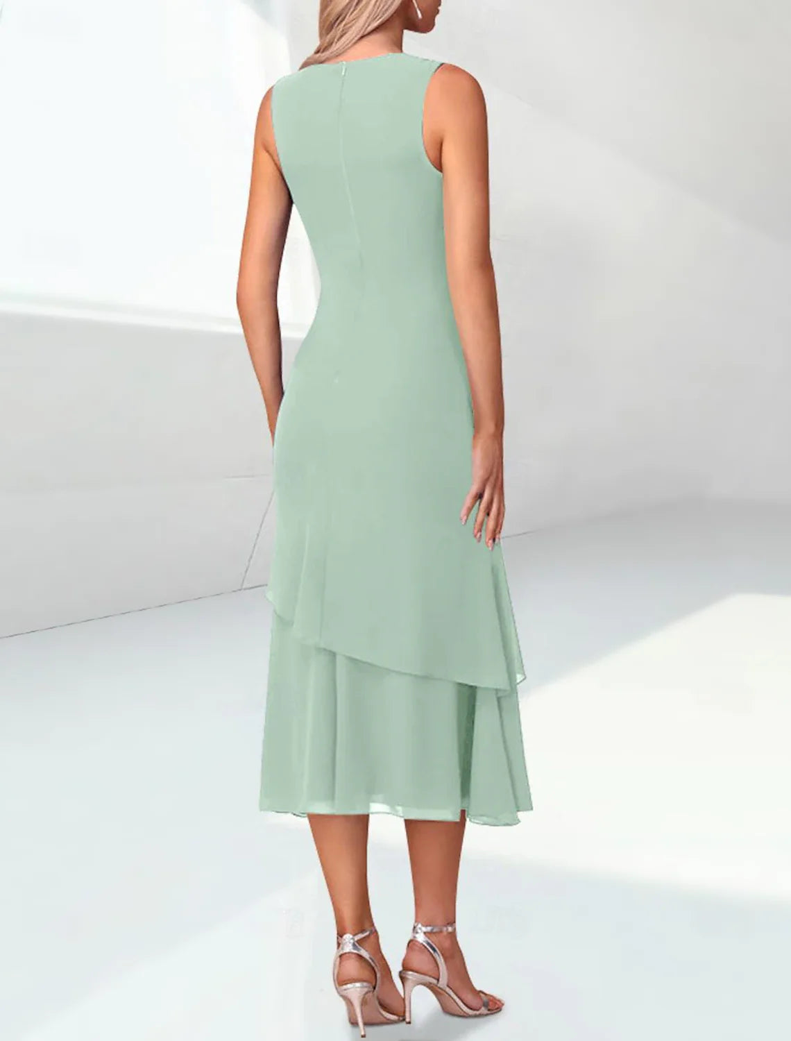 Sage Green Chiffon Mother of the Bride Dress with 3/4 Sleeves