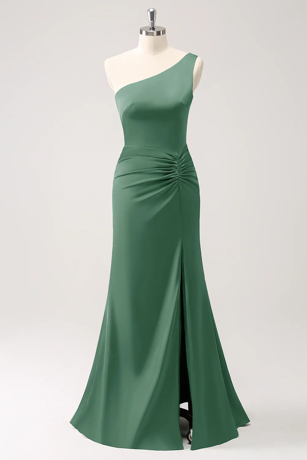 Dusty Sage One Shoulder Mermaid Satin Long Bridesmaid Dress