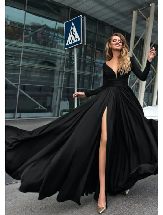 A-Line Evening Gown Empire Black Dress Holiday Wedding Guest Floor Length Long Sleeve V Neck Chiffon V Back with Slit Pure Color dress