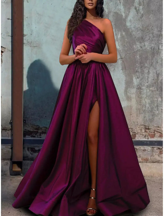 A-Line Chrismas Dress Evening Gown Elegant Dress Wedding Guest Engagement Floor Length Sleeveless One Shoulder Satin with Pleats Slit dress