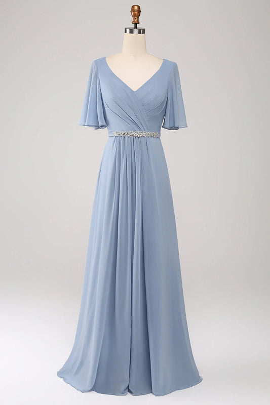 A-Line Chiffon Dusty Blue Long Bridesmaid Dress With Beaded Waist