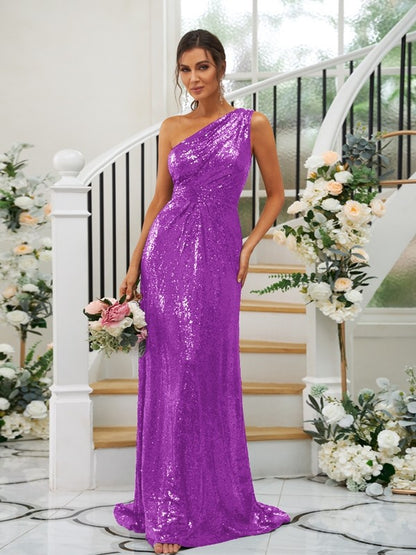 Sheath/Column Sequins Ruched One-Shoulder Sleeveless Sweep/Brush Train Bridesmaid Dresses