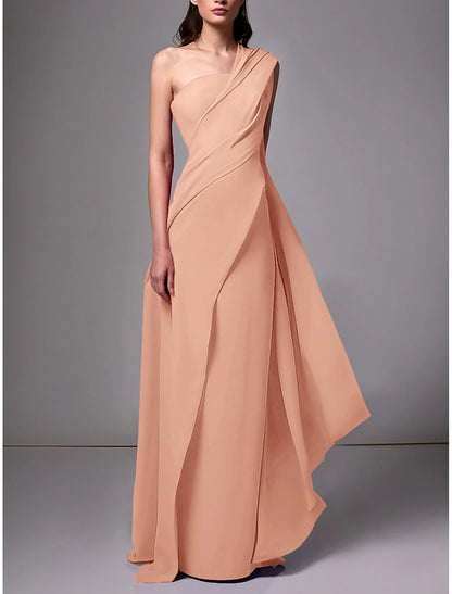 Sheath Evening Gown Formal Wedding Guest Dress Elegant  Formal Floor Length Sleeveless One Shoulder Stretch Chiffon with Pleats Ruched dress